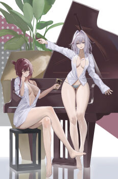 2girls artistic_error bare_legs barefoot breasts brown_hair commentary_request commission crossed_legs cup eden_(honkai_impact) feet grand_piano grey_panties hair_intakes highres holding holding_cup honkai_(series) honkai_impact_3rd instrument large_breasts legs long_hair multiple_girls panties piano revision shirt sitting skeb_commission thelema_nutriscu toes underwear very_long_hair vespar4 white_hair white_shirt wrong_foot yellow_eyes