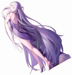 Rule 34 | 1girl, backless dress, backless outfit, commentary, dress, english commentary, flower hairband, from behind, full body, girls&#039; frontline, hand on own chin, high heels, highres, kar98k (girls&#039; frontline), long hair, looking at viewer, official alternate costume, purple dress, red eyes, simple background, solo, tea line, very long hair, white background, white hair