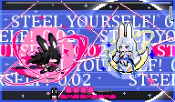 2girls animal_ears black_hair blue_border blue_eyes blue_skirt blush_stickers border chibi chibi_only eclipse english_text full_body grey_hair health_bar heavyblade_rabbit holding holding_sword holding_weapon long_hair looking_at_another mamuru multiple_girls no_mouth on_crescent pink_eyes pixel_art rabbit_and_steel rabbit_ears rabbit_girl rabbit_of_the_moon_shira skirt solar_eclipse sword weapon