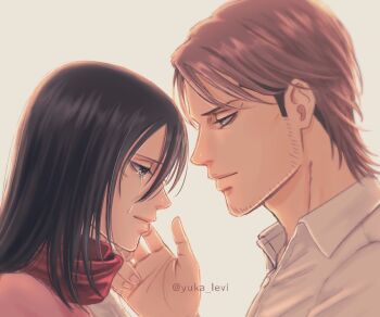 1boy 1girl affair artist_name bad_tag beard_stubble betrayal black_eyes black_hair brown_hair cheating_(relationship) closed_mouth commentary commentary_request crying crying_with_eyes_open disgrace disgust english_commentary facial_hair from_behind incest infidelity jean_kirstein medium_hair mikasa_ackerman mixed-language_commentary multicolored_hair netorare netorase out_of_character red_scarf scarf shingeki_no_kyojin shirt short_hair smile stubble tears twitter_username two-tone_hair unfaithful white_shirt yuka_levi