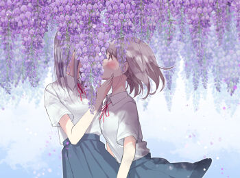 2girls blue_skirt blush brown_hair collared_shirt commentary covered_face covered_mouth falling_petals flower hand_on_another&#039;s_chin highres implied_kiss light_particles looking_at_another multiple_girls neck_ribbon original paderapollo petals photoshop_(medium) pleated_skirt profile purple_flower purple_petals red_ribbon ribbon school_uniform shirt shirt_tucked_in short_hair short_sleeves skirt standing summer_uniform sweatdrop white_shirt wing_collar wisteria yuri