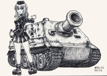 Rule 34 | 1girl, ankle boots, binoculars, boots, dated, emblem, from behind, frown, garrison cap, girls und panzer, greyscale, hat, highres, holding, holding binoculars, itsumi erika, jacket, kuromorimine (emblem), kuromorimine military uniform, long sleeves, looking at viewer, looking back, medium hair, military hat, military uniform, military vehicle, miniskirt, monochrome, motor vehicle, nspa (spa-jcs), open mouth, pleated skirt, pointing, sketch, skirt, socks, solo, standing, sturmtiger, tank, turretless tank, twitter username
