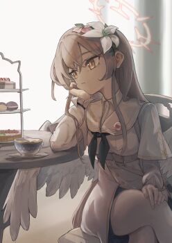1girl absurdres angel_wings black_neckerchief blue_archive brown_hair closed_mouth cowboy_shot crossed_legs cup dress elbow_rest expressionless feathered_wings flower hair_flower hair_ornament halo hand_on_own_face head_rest highres long_hair long_sleeves looking_to_the_side nagisa_(blue_archive) neckerchief pantyhose rescat revision sailor_collar shrug_(clothing) sitting solo table teacup white_dress white_pantyhose white_sailor_collar white_shrug white_wings wings yellow_eyes
