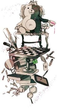 Rule 34 | baseball bat, bear, book, card, chair, chessboard, clover, crown, cup, danganronpa (series), holding, holding cup, monokuma, nail polish, no humans, on chair, playing card, sakuyu, spilling, stuffed animal, stuffed toy, stylus, tablet pc, teacup, teddy bear, third-party source