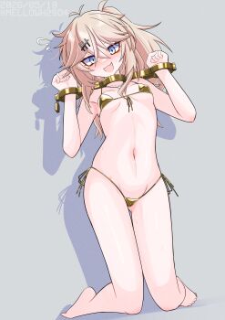 1girl absurdres bikini blonde_hair blue_eyes bound bound_wrists breasts commentary_request drop_shadow full_body gold_bikini grey_background hair_ornament hairclip highres kasukabe_tsumugi lock looking_at_viewer medium_hair menou_74 micro_bikini navel padlock side-tie_bikini_bottom side_ponytail small_breasts solo string_bikini sweatdrop swimsuit voicevox yoke_(bdsm)