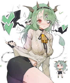 Rule 34 | 1girl, absurdres, animal ears, ass, bell, black gloves, black hairband, black ribbon, black sclera, black skirt, blush, breasts, chibi, chibi inset, closed mouth, clothes pull, colored sclera, commentary, cow ears, cow girl, cow tail, cowbell, crelly, crelly (crelly 3.0), eyelashes, fingerless gloves, gloves, green hair, grey sclera, hair ornament, hairband, hairclip, heart, heterochromia, highres, indie virtual youtuber, ip chort, long hair, mismatched sclera, navel, neck bell, neck ribbon, no coat, nose blush, red eyes, ribbon, shirt, shirt pull, simple background, skirt, smile, solo, speech bubble, spoken heart, stomach, sweat, tail, untranslatable commentary, virtual youtuber, white background, white eyes, white shirt