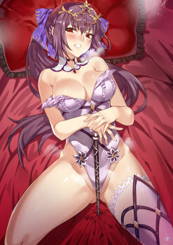 1girl absurdres bare_shoulders blush breasts breath cleavage club3 detached_collar fate/grand_order fate_(series) gluteal_fold groin hair_between_eyes hair_ribbon heavy_breathing highres hip_focus jewelry large_breasts leotard long_hair looking_at_viewer lying on_back on_bed parted_lips pendant pillow ponytail purple_hair purple_leotard purple_ribbon red_eyes ribbon scathach_(fate) scathach_skadi_(fate) single_thighhigh smile solo thighhighs thighs tiara wand
