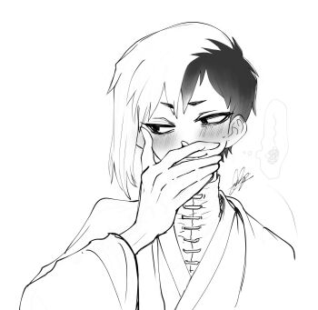1boy asagiri_gen averting_eyes blush commentary_request covering_own_mouth dr._stone full-face_blush greyscale hand_over_own_mouth hand_up highres japanese_clothes kirenenkohaiizo long_sleeves looking_to_the_side male_focus monochrome multicolored_hair shirt short_hair signature simple_background smirk solo speech_bubble split-color_hair spoken_squiggle squiggle thought_bubble turtleneck turtleneck_shirt two-tone_hair upper_body white_background