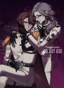 2boys aged_up ahoge aotsuki_eito armband black_cape black_gloves black_streaks blue_eyes cape caress cigarette commentary commission crossed_legs english_commentary epaulettes eyeliner gakuran glasses gloves grey_hair highres holding holding_cigarette jacket last_defense_academy_school_uniform looking_at_another looking_at_viewer makeup male_focus medium_hair multicolored_hair multiple_boys on_stool pants ponytail purple_eyes r314dor red_eyeliner red_hair school_uniform short_hair sitting smile streaked_hair sumino_takumi the_hundred_line_-last_defense_academy- watermark white_armband white_jacket white_pants yaoi