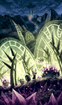 bug closed_mouth commentary_request crystal crystal_guardian_(hollow_knight) crystal_hunter_(hollow_knight) flying glimback_(hollow_knight) grey_cloak highres holding holding_pickaxe hollow_eyes hollow_knight horned_mask husk_miner_(hollow_knight) knight_(hollow_knight) mamoru_mikokoro mask nail_(hollow_knight) pickaxe white_mask wings