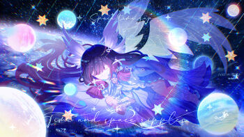 1girl absurdres artist_name black_hair closed_eyes closed_mouth columbina_(genshin_impact) commentary_request dress genshin_impact hair_ornament highres long_hair long_sidelocks lying making-of_available multicolored_hair on_stomach purple_hair sidelocks sky solo star_(sky) star_(symbol) starry_sky very_long_hair viclim-monou white_dress wing_hair_ornament wings
