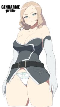 1girl accio bad_id bad_twitter_id bare_shoulders bow bow_panties breasts brown_hair character_name cleavage cowboy_shot cropped_legs elbow_gloves female_focus gendarme_(accho) gloves green_eyes grey_gloves large_breasts no_pants original panties parted_bangs pride_(deadly_sins) seven_deadly_sins simple_background slit_pupils solo sweatdrop swept_bangs thick_thighs thighs underwear white_background white_panties