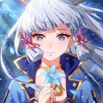 Rule 34 | 1girl, absurdres, armor, ayaka (genshin impact), blue eyes, blue flower, blunt bangs, blush, breastplate, chinese commentary, choker, closed mouth, commentary request, flower, genshin impact, grey eyes, hair ornament, hair ribbon, highres, holding, holding flower, homura2414, long hair, looking at viewer, mole, mole under eye, petals, ponytail, ribbon, sidelocks, smile, solo, tears, tress ribbon, upper body, white hair