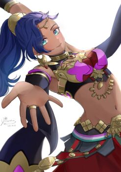 1girl arm_up armpits blue_eyes blue_hair blush breasts circlet crescent crescent_earrings dancer dancing dark-skinned_female dark_skin earrings fire_emblem fire_emblem:_fortune&#039;s_weave flower gold_choker gold_earrings harem_outfit high_ponytail jewelry leda_(fire_emblem) looking_at_viewer medium_breasts mugitoro_(dsfv2277) navel nintendo ponytail reaching reaching_towards_viewer simple_background smile solo stomach upper_body