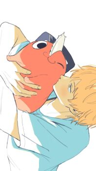 1boy :3 blonde_hair chainsaw chainsaw_man colored_skin creature denji_(chainsaw_man) hair_between_eyes highres hug hug_from_behind kiss kissing_cheek looking_at_another male_focus one_eye_closed orange_skin pochita_(chainsaw_man) shirt short_hair smile t-shirt uni_(uni_unico) white_background white_shirt yellow_eyes