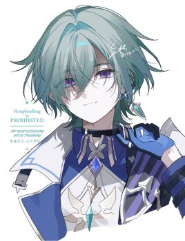 Rule 34 | 1boy, 1other, black choker, blue gem, blue hair, cape, choker, choker pull, closed mouth, collared shirt, commentary request, cropped shoulders, earrings, gem, genshin impact, gloves, highres, jewelry, lohen (genshin impact), long sleeves, male focus, multicolored eyes, parted hair, piercing, shirt, signature, single earring, smile, solo focus, syerii, watermark, white background, wing collar