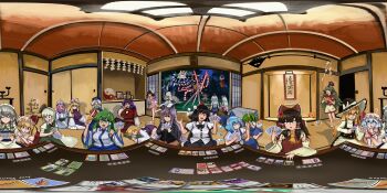 103anon 360_panorama 6+girls absurdres anger_vein animal_ears apron black_hair black_hairband black_hat black_ribbon blonde_hair blue_eyes blue_hair blue_hat blue_kimono bow braid brown_hair card card_game cirno closed_eyes clownpiece crystal crystal_wings daiyousei danmaku danmaku!! detached_sleeves dress fairy fairy_wings flandre_scarlet food fruit fujiwara_no_mokou green_bow green_eyes green_hair grey_hair hair_bow hairband hakurei_reimu hand_fan hat hat_bow hat_ribbon highres holding holding_card holding_fan holding_plate horns ibaraki_kasen ice ice_wings inaba_tewi izayoi_sakuya japanese_clothes kamishirasawa_keine kimono kirisame_marisa kochiya_sanae komainu komainu_ears komainu_girl komano_aunn konpaku_youmu konpaku_youmu_(ghost) lily_white long_hair luna_child maid maid_headdress mob_cap moriya_suwako multiple_girls multiple_hair_bows nurse nurse_cap orange_(fruit) orange_hair panorama photo_(object) pink_hair pink_hat plate purple_bow purple_eyes purple_hair rabbit_ears rabbit_girl rabbit_tail red_eyes reisen_udongein_inaba remilia_scarlet ribbon saigyouji_yuyuko shameimaru_aya shirt short_hair shorts single_braid sitting skirt sparkling_eyes star_sapphire sukuna_shinmyoumaru sunny_milk table tail tokin_hat touhou trading_card twin_braids very_long_hair white_bow white_hat wide_sleeves wings witch_hat wrist_cuffs yagokoro_eirin yakumo_yukari yasaka_kanako yellow_eyes