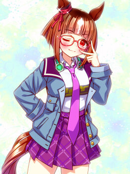 1girl animal_ears blue_jacket blush bow breasts brown_hair closed_mouth collared_shirt commentary_request ear_ribbon fang glasses headphones headphones_around_neck highres horse_ears horse_girl jacket long_sleeves looking_at_viewer necktie one_eye_closed open_clothes open_jacket pink_necktie purple_necktie purple_skirt red-framed_eyewear red_eyes shirt short_hair skin_fang skirt smile solo sugimotty_nova transcend_(casual)_(umamusume) transcend_(umamusume) umamusume v white_shirt