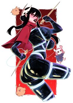 Rule 34 | 1girl, absurdres, black bodysuit, black hair, black lips, bodysuit, bond (spy x family), breasts, character mask, cloak, cosplay, dagger, hair up, hairband, highres, horned mask, hornet (hollow knight), hornet (hollow knight) (cosplay), knife, knight (hollow knight), knight (hollow knight) (cosplay), large breasts, long hair, mask, panda rojo art, red cloak, red eyes, shibari, shibari over clothes, sidelocks, spy x family, stiletto (weapon), twilight (spy x family), weapon, white background, white hairband, white mask, yor briar