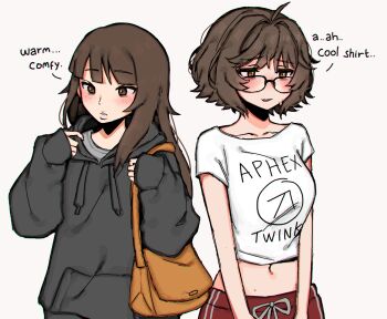 Rule 34 | 2girls, ahoge, aki (snale), bag, black-framed eyewear, black hoodie, blunt bangs, blush, borrowed character, breasts, brown eyes, brown hair, clothes writing, collarbone, cowboy shot, embarrassed, english text, freckles, glasses, grey background, grey shirt, handbag, highres, hood, hood down, hoodie, jacket, kara eklund, long hair, long sleeves, looking at viewer, medium breasts, midriff, multiple girls, navel, open mouth, original, red eyes, shirt, short hair, short sleeves, simple background, sleeves past wrists, snale, standing, sweat, t-shirt, white background, white shirt