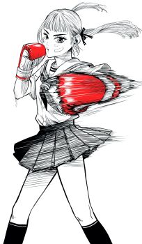 Rule 34 | 1girl, bandaid, bandaid on cheek, bandaid on face, boxing, boxing gloves, breasts, commentary request, feet out of frame, gloves, hair ribbon, hatching (texture), highres, kneehighs, lee (dragon garou), linear hatching, miniskirt, monochrome, motion lines, original, pleated skirt, punching, red gloves, ribbon, school uniform, serafuku, skirt, small breasts, socks, solo, spot color, twintails