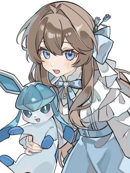 1girl blue_bow blue_eyes blue_flower blue_skirt blush bow breasts brown_hair chest_bow flower frilled_shirt frilled_sleeves frills gen_4_pokemon glaceon hair_between_eyes hair_bow hair_flower hair_intakes hair_ornament high-waist_skirt highres holding holding_pokemon jewelry key key_necklace looking_at_viewer loose_hair_strand necklace open_mouth original pokemon pokemon_(creature) shirt sidelocks skirt small_breasts solo standing upper_body wdcha_s white_background white_shirt
