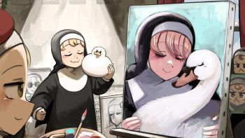 3girls :< bird blonde_hair brown_eyes brown_hair chicken closed_eyes clumsy_nun_(diva) commentary diva_(hyxpk) duck english_commentary froggy_nun_(diva) hat highres holding_painting little_nuns_(diva) multiple_girls nun paint_palette paintbrush painting_(action) painting_(object) red_hat spicy_nun_(diva) star_nun_(diva) swan traditional_nun yellow_eyes