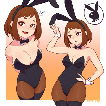 1girl absurdres animal_ears arms_behind_back artist_name black_bow black_bowtie black_leotard black_thighhighs boku_no_hero_academia border bow bowtie breasts brown_eyes brown_hair brown_pantyhose cleavage cowboy_shot detached_collar fake_animal_ears fingernails gradient_background hand_on_own_hip hand_up highleg highleg_leotard highres leotard looking_at_viewer medium_breasts medium_hair open_mouth pantyhose playboy playboy_bunny satelyte solo speech_bubble strapless strapless_leotard teeth thighhighs thighs upper_teeth_only uraraka_ochako white_border wrist_cuffs