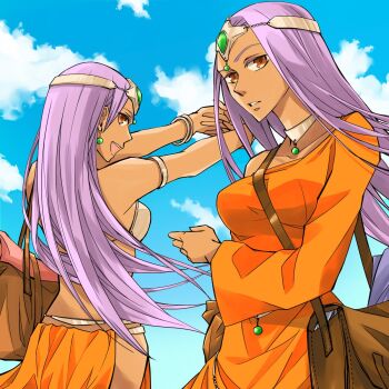 Rule 34 | 2girls, armlet, armor, arms up, asymmetrical dress, bag, bikini armor, blue sky, breasts, brown eyes, circlet, cloud, cloudy sky, commentary request, dark-skinned female, dark skin, dragon quest, dragon quest iv, dress, earrings, expressionless, facing away, forehead jewel, gem, green gem, handbag, highres, interlocked fingers, jewelry, long hair, long sleeves, looking at viewer, looking back, manya (dq4), medium breasts, metal bikini, metal bra, minea (dq4), multiple girls, open mouth, orange dress, orange loincloth, own hands together, parted lips, pelvic curtain, profile, purple hair, shoulder bag, siblings, sideways glance, silver circlet, single bare shoulder, single sleeve, sisters, sky, smile, sphere earrings, stretching, takamoriwako, teeth, upper body, upper teeth only