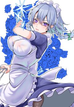1girl apron blue_dress blue_flower blue_nails blue_rose braid breasts closed_mouth commentary covered_erect_nipples dress ellen_drawing floral_background flower frills grey_hair hair_between_eyes hair_ribbon highres holding holding_knife izayoi_sakuya knife large_breasts looking_at_viewer maid maid_apron maid_headdress medium_hair multiple_knives nail_polish no_bra pantyhose purple_eyes ribbon rose see-through_clothes serious short_sleeves side_braids solo touhou twin_braids