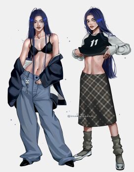 1girl aegyo_sal asian baggy_pants black_bra black_nails black_shirt black_shoes blazer blue_eyes blue_hair blue_jacket bra breasts brown_lips brown_skirt cat_charm cleavage closed_mouth clothes_lift collarbone d&#039;orsay_heels denim eyelashes fashion flats forehead full_body grey_leg_warmers grey_shoes hair_over_breasts heterochromia highres jacket jacket_partially_removed jeans jewelry leg_warmers lipstick long_hair looking_at_viewer looking_to_the_side low_block_heels makeup medium_breasts medium_skirt modeling mole mole_on_arm mole_on_cheek mole_on_chest mole_on_collarbone mole_on_forehead mole_on_hand mole_on_hip mole_on_neck mole_on_stomach multiple_views navel number_print original oversized_jacket pants parted_bangs plaid_clothes plaid_skirt raglan_sleeves ring shirt shirt_lift shoes skirt sleeves_past_wrists standing straight_hair thick_eyebrows thick_lips twitter_username umi_(zeebythesea) underwear white_background white_sleeves zeebythesea