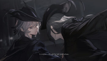 Rule 34 | 2girls, black bow, black cape, black headwear, bloodborne, blue eyes, bow, braid, cape, crossover, english text, fighting, grey hair, hat, hat feather, highres, izayoi sakuya, kazami yuuka, kumatangent, long hair, looking at another, multiple girls, short hair, touhou, tricorne, twintails, upper body, white hair