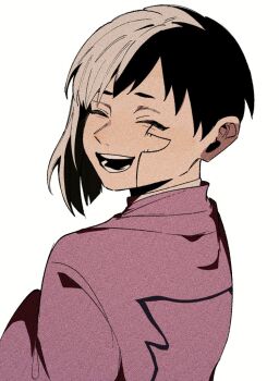 0a_9_(pixiv82791714) 1boy asagiri_gen black_hair closed_eyes dr._stone jacket long_sleeves looking_back male_focus multicolored_hair open_mouth pink_jacket purple_jacket short_hair single_sidelock smile solo split-color_hair two-tone_hair upper_body white_background white_hair