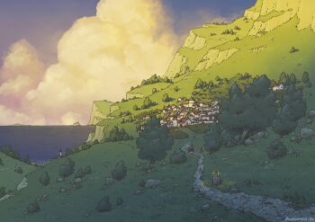 architecture artist_name aurumek building cliff cloud dappled_sunlight dated golden_hour grass highres landscape lantern nature ocean original outdoors path road rock scenery signature sunlight tower tree very_wide_shot village walking wizard