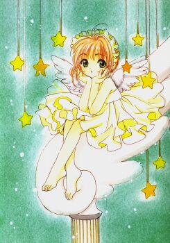 1990s_(style) 1girl angel_wings antenna_hair aqua_background barefoot brown_hair cardcaptor_sakura child clamp dress female_focus full_body green_eyes head_rest headdress kinomoto_sakura official_art orange_hair retro_artstyle short_hair sitting solo star_(symbol) toes traditional_media wings