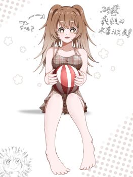 Rule 34 | 1girl, :3, :d, arrow (symbol), ball, bare arms, bare legs, bare shoulders, barefoot, beachball, breasts, brown eyes, brown hair, collarbone, commentary, flower-shaped pupils, full body, gradient hair, hasu hasuha, highres, holding, holding ball, holding beachball, kimi no koto ga dai dai dai dai daisuki na 100-nin no kanojo, long hair, looking at viewer, medium breasts, multicolored hair, one-piece swimsuit, open mouth, plaid one-piece swimsuit, simple background, sitting, smile, solo, straight-on, swimsuit, symbol-shaped pupils, translated, twintails, utiponn, white background
