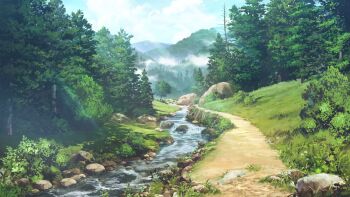 blue_sky bush cloud cloudy_sky day dirt_road fog forest haze highres lens_flare mountainous_horizon nature no_humans non-web_source official_art our_life our_life:_beginnings_and_always outdoors park path river riverbank road rock scenery sky tree