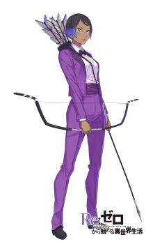 1girl arrow_(projectile) belt black_bow black_hair black_shoes bow bow_(weapon) bowtie breasts closed_mouth copyright_name dark-skinned_female dark_skin dress_shoes formal_clothes green_eyes highres holding holding_arrow holding_bow_(weapon) holding_weapon jacket large_breasts lips looking_at_viewer multicolored_hair official_art ootsuka_shin&#039;ichirou open_clothes open_jacket pants parted_bangs purple_belt purple_hair purple_jacket purple_pants quiver re:zero_kara_hajimeru_isekai_seikatsu shoes short_hair simple_background solo standing suit suit_jacket taritta_shudrak title tsurime two-tone_hair v-shaped_eyebrows weapon white_background