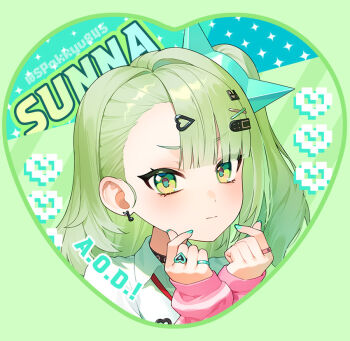 Rule 34 | 1girl, aqua nails, arm warmers, bandaid, bandaid hair ornament, closed mouth, commentary request, double finger heart, earrings, finger heart, green background, green eyes, green hair, hair ornament, heart, heart hair ornament, jewelry, looking at viewer, multiple hair clips, multiple rings, musical note earrings, necktie, pink arm warmers, portrait, red necktie, ring, shirt, solo, spark (spark845), striped arm warmers, sunna (zenless zone zero), white shirt, zenless zone zero