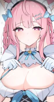 1girl absurdres ahoge animal_ears archi_(aruki) bell blue_bow blue_ribbon blush bow braid breasts cat_ears cat_girl cat_hair_ornament cleavage closed_mouth dress gloves hair_bow hair_ornament hairclip heart heart_in_eye highres huge_breasts indie_virtual_youtuber jingle_bell long_hair looking_at_viewer maid maid_headdress neck_bell neck_ribbon pink_eyes pink_hair ribbon simple_background solo sweat symbol_in_eye translation_request two_side_up virtual_youtuber white_background white_dress white_gloves yuuki_sakuna