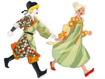 1boy 1girl alternate_costume belt black_belt black_boots black_hat blonde_hair boots dark-skinned_female dark_skin facial_mark forehead_mark green_skirt hat highres link looking_at_another nintendo one_eye_closed open_mouth pointy_ears profile purple_eyes reaching reaching_towards_another red_shoes senzo6700 shoes short_hair simple_background skirt smile sweatdrop tetra the_legend_of_zelda the_legend_of_zelda:_the_wind_waker toon_link walking white_background