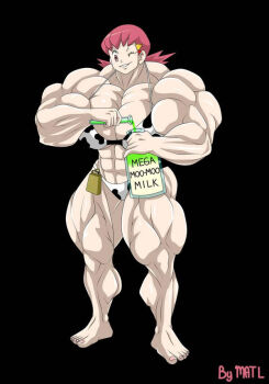 Rule 34 | 1girl, abs, animal print, bell, biceps, bikini, black background, cow print, cow print bikini, english text, female focus, full body, grin, gym leader, hair ornament, hairclip, jizzelio, muscle growth, muscular arms, muscular legs, nintendo, one eye closed, pectorals, pink eyes, pink hair, pokemon, pokemon hgss, print bikini, smile, solo, standing, swimsuit, thick thighs, thighs, twintails, whitney (pokemon)