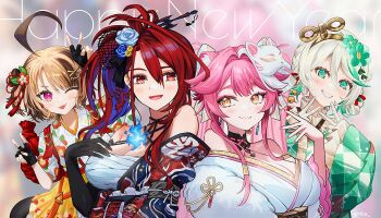 4girls ahoge black_gloves breasts brown_hair cat_mask cecilia_immergreen cecilia_immergreen_(new_year) chest_sarashi cleavage commentary double_v earrings elizabeth_rose_bloodflame elizabeth_rose_bloodflame_(new_year) english_commentary fingerless_gloves floral_print floral_print_kimono flower gigi_murin gigi_murin_(new_year) gloves green_eyes green_kimono grey_hair hair_flower hair_ornament happy_new_year holojustice hololive hololive_english japanese_clothes jewelry kimono large_breasts long_hair mask moa_(21energy12) multiple_girls new_year one_eye_closed orange_nails pink_eyes pink_hair pink_nails print_kimono raora_panthera raora_panthera_(new_year) red_eyes red_hair red_kimono sarashi smile tongue tongue_out twitter_username v white_gloves white_kimono winding_key yellow_eyes