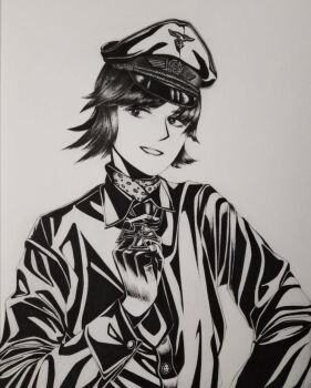 1girl bordfunker133 collared_shirt commentary_request cross dress_shirt gloves greyscale grin hair_between_eyes hand_on_own_hip hans-joachim_marseille hat highres holding_medal iron_cross leather leather_gloves long_sleeves looking_at_viewer looking_to_the_side luftwaffe marseille-chan_(bordfunker133) military_uniform monochrome nazi original peaked_cap real_life reichsadler shirt shoulder_boards simple_background smile soldier solo swastika upper_body world_war_ii