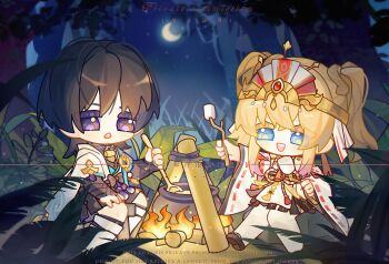 1boy 1girl 6753951969 arm_up blonde_hair blue_eyes blue_hair campfire chibi chinese_commentary commentary_request commission cooking cooking_pot couple crescent_moon fire food genshin_impact hair_between_eyes headpiece highres holding holding_spoon japanese_clothes long_hair looking_at_food marshmallow moon night oc_x_canon on_rock open_mouth original outdoors purple_eyes rock scaramouche_(genshin_impact) short_hair sitting sky spoon stick twintails wanderer_(genshin_impact)