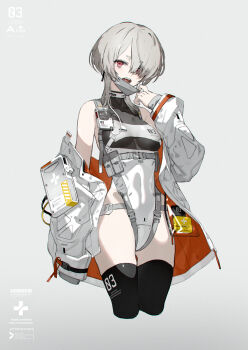 1girl breasts commentary_request cyber_fashion earrings eater._(neco) flower_imitation grey_background grey_hair highres jacket jacket_partially_removed jewelry leotard long_hair mask mask_pull medium_breasts mouth_mask neco open_mouth red_eyes short_eyebrows simple_background solo standing thighhighs