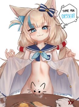 1girl anger_vein animal_ears blonde_hair blush cat_ears clothes_lift diiaphy_alt do_you_want_to_pet_my_cat_(meme) dress english_text fang fins fish_tail flat_chest food indie_virtual_youtuber lifebuoy_hair_ornament lifting_own_clothes loli long_hair long_twintails meat navel open_clothes open_dress pussy sameko_saba simple_background skin_fang smile smug standing stomach table tail thighs twintails uncensored virtual_youtuber white_background