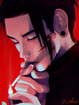 1boy artist_name black_hair blood blood_on_face cigarette closed_mouth getou_suguru hair_pulled_back highres holding holding_cigarette jujutsu_kaisen lips male_focus nose plug_(piercing) red_background short_hair simple_background smoking solo xtlusart