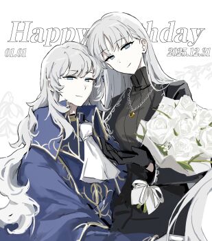 Rule 34 | 1boy, 1girl, angelica (project moon), argalia (project moon), ascot, black gloves, black jacket, black sweater, blue cape, blue eyes, blue jacket, bouquet, cape, closed mouth, commentary, dated, flower, gloves, gold trim, happy birthday, highres, holding, holding bouquet, jacket, lapels, library of ruina, long hair, looking at viewer, project moon, rai (r2718281), rose, silver trim, smile, sweater, very long hair, white ascot, white flower, white hair, white rose