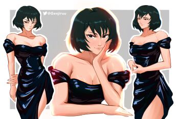 arm_behind_back bare_shoulders black_dress black_hair border breasts brown_eyes cleavage dress genjiruu grey_background hand_on_own_chin highres jujutsu_kaisen large_breasts multiple_views short_hair smile twitter_username white_border zenin_mai